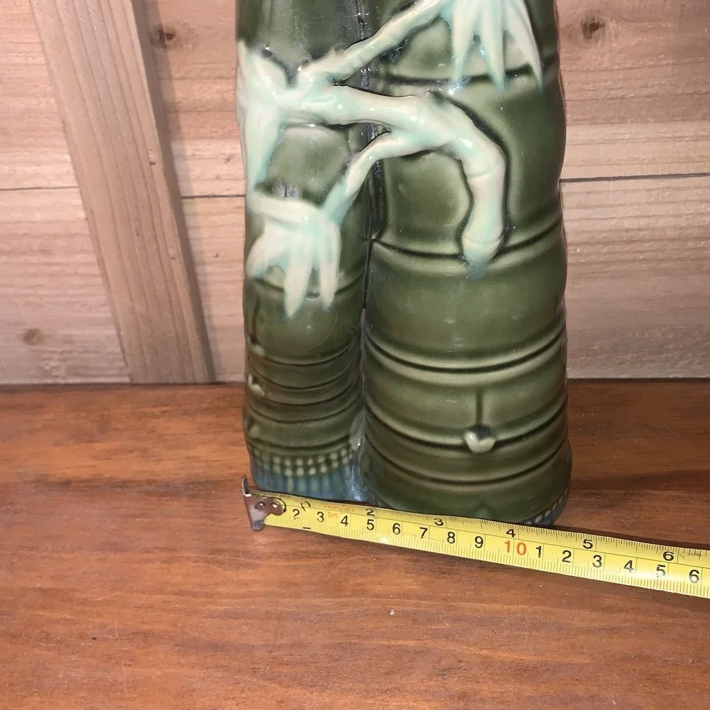 Vintage Majolica Vase Green Double Bamboo Stalks Planter Tiki Asian Ceramic EUC